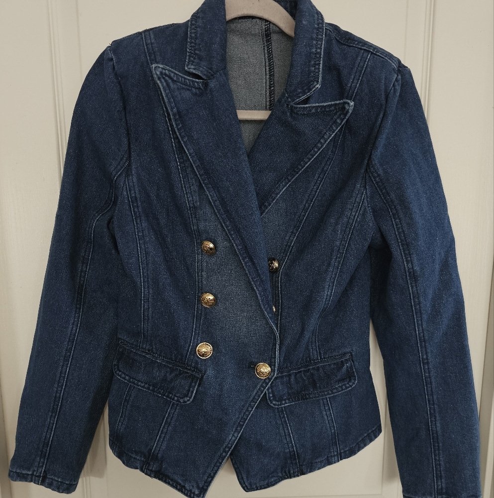 Women's Blue Denim Double-breasted Blazer with Gold Buttons